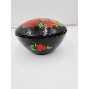 Vtg Signed hand painted Black lacquer bright flower wood casket Round box